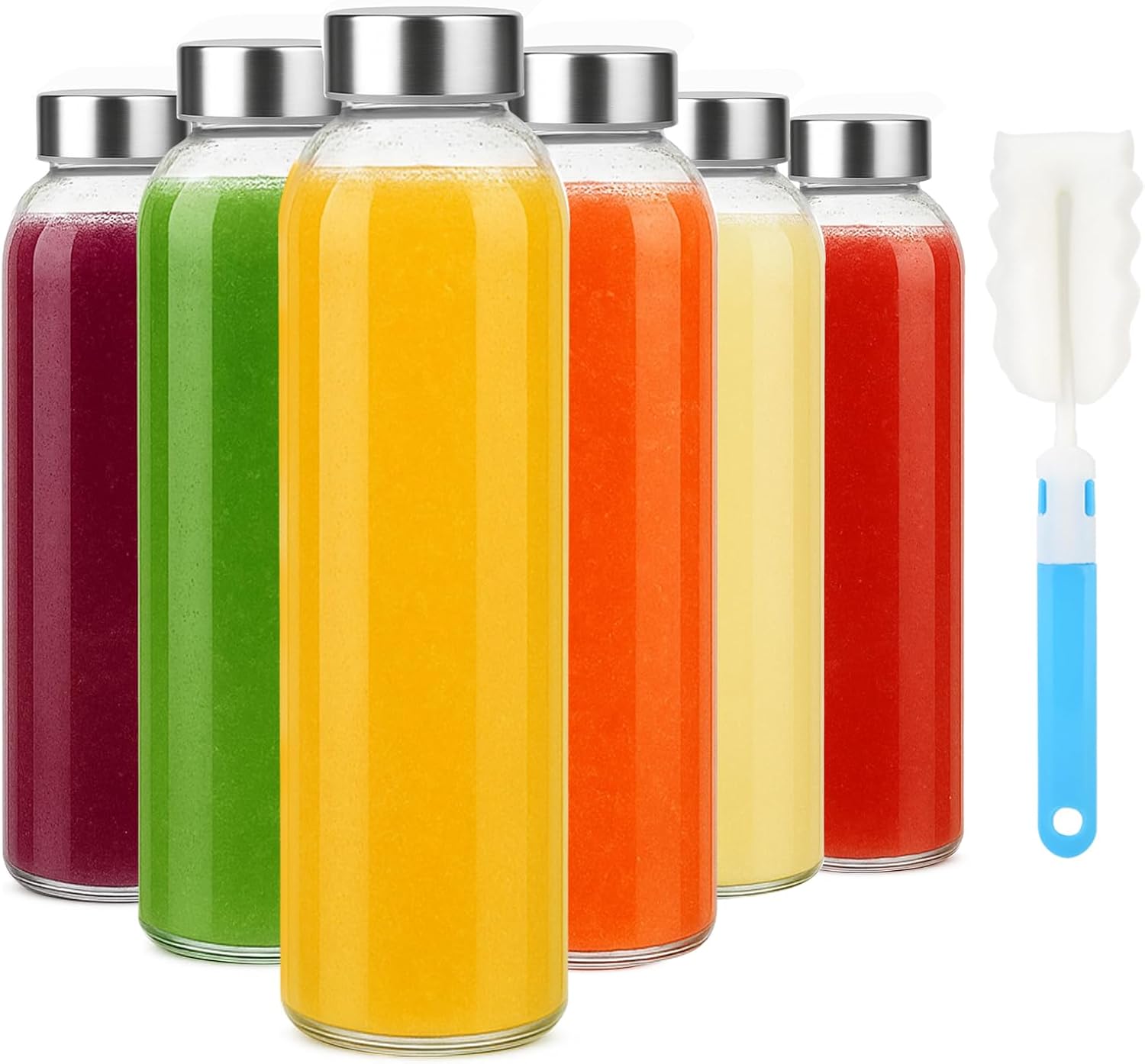 18 oz Glass Water Bottles with Lids, 4 Pack BPA-Free Reusable Glass Bottles with Measurement Markings, Leak-Proof Stainless Steel Caps, Silicone Boot and Carry Loop for Water, Juice, Smoothies