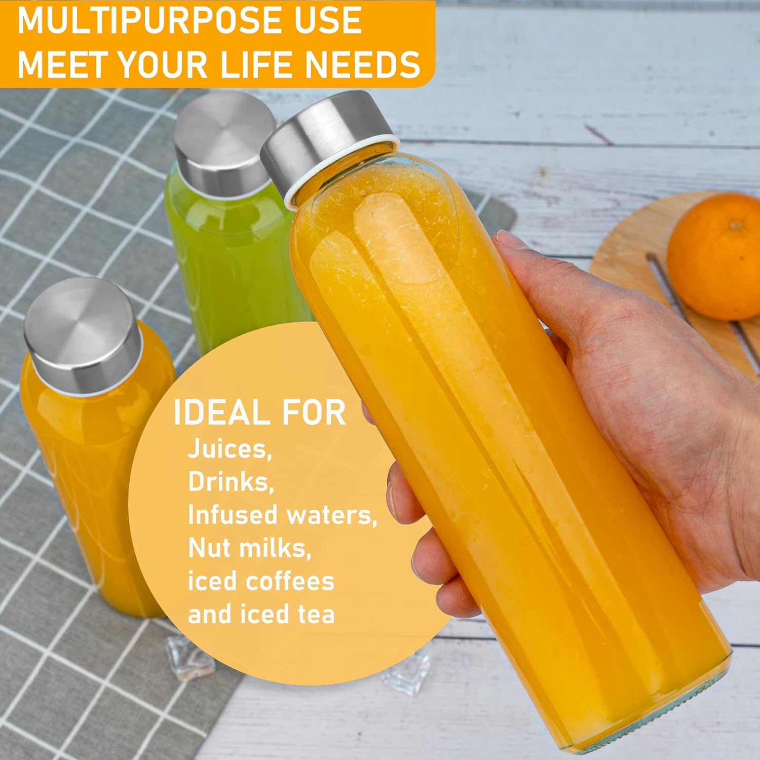 18 oz Glass Water Bottles with Lids, 4 Pack BPA-Free Reusable Glass Bottles with Measurement Markings, Leak-Proof Stainless Steel Caps, Silicone Boot and Carry Loop for Water, Juice, Smoothies