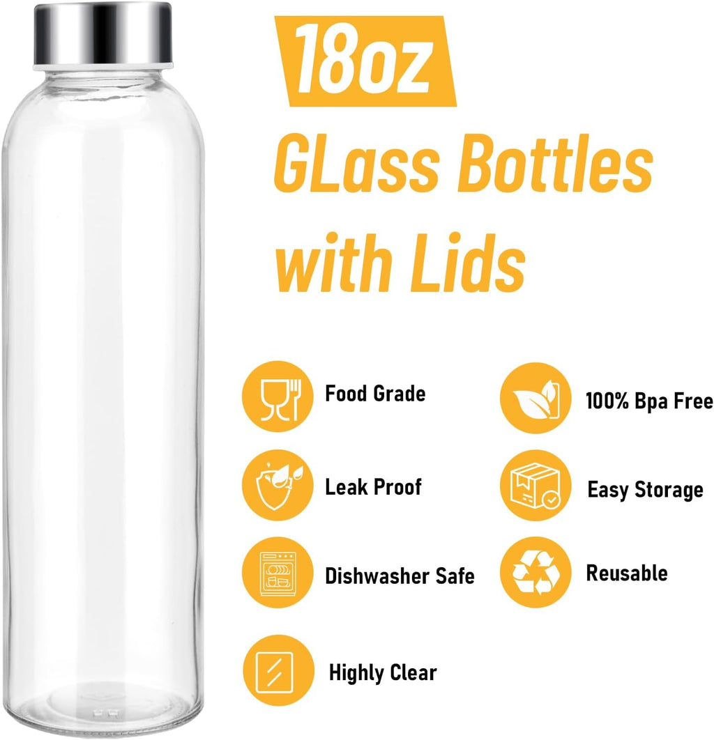 18 oz Glass Water Bottles with Lids, 4 Pack BPA-Free Reusable Glass Bottles with Measurement Markings, Leak-Proof Stainless Steel Caps, Silicone Boot and Carry Loop for Water, Juice, Smoothies