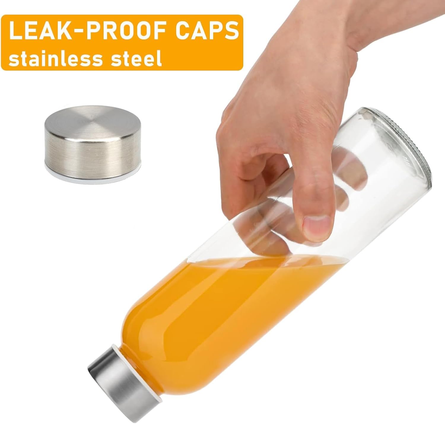 18 oz Glass Water Bottles with Lids, 4 Pack BPA-Free Reusable Glass Bottles with Measurement Markings, Leak-Proof Stainless Steel Caps, Silicone Boot and Carry Loop for Water, Juice, Smoothies