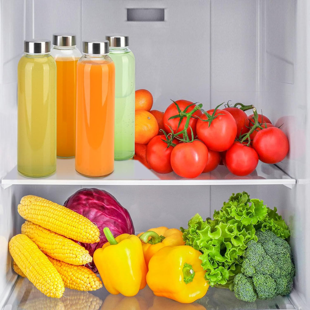 18 oz Glass Water Bottles with Lids, 4 Pack BPA-Free Reusable Glass Bottles with Measurement Markings, Leak-Proof Stainless Steel Caps, Silicone Boot and Carry Loop for Water, Juice, Smoothies
