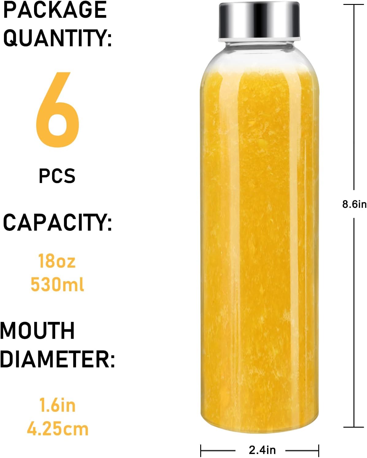 18 oz Glass Water Bottles with Lids, 4 Pack BPA-Free Reusable Glass Bottles with Measurement Markings, Leak-Proof Stainless Steel Caps, Silicone Boot and Carry Loop for Water, Juice, Smoothies