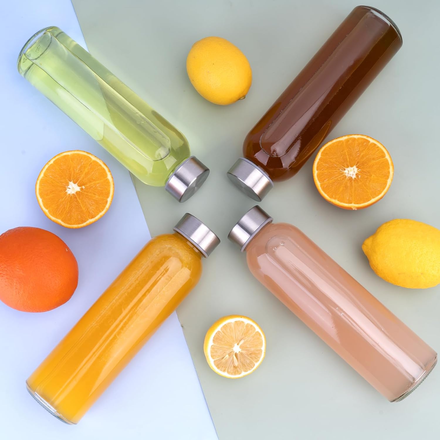 18 oz Glass Water Bottles with Lids, 4 Pack BPA-Free Reusable Glass Bottles with Measurement Markings, Leak-Proof Stainless Steel Caps, Silicone Boot and Carry Loop for Water, Juice, Smoothies