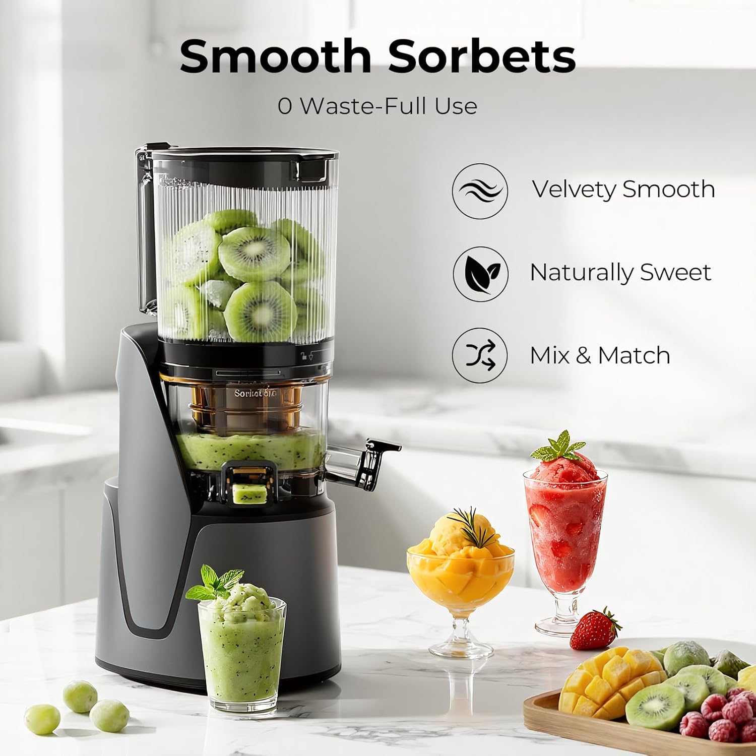 Juicer Machines, 3-in-1 Cold Press Juicer with 6.5" Extra Large Chute, 100oz Large Capacity, AC Motor, Makes Juice, Nut Milk & Sorbet, Premium Gray
